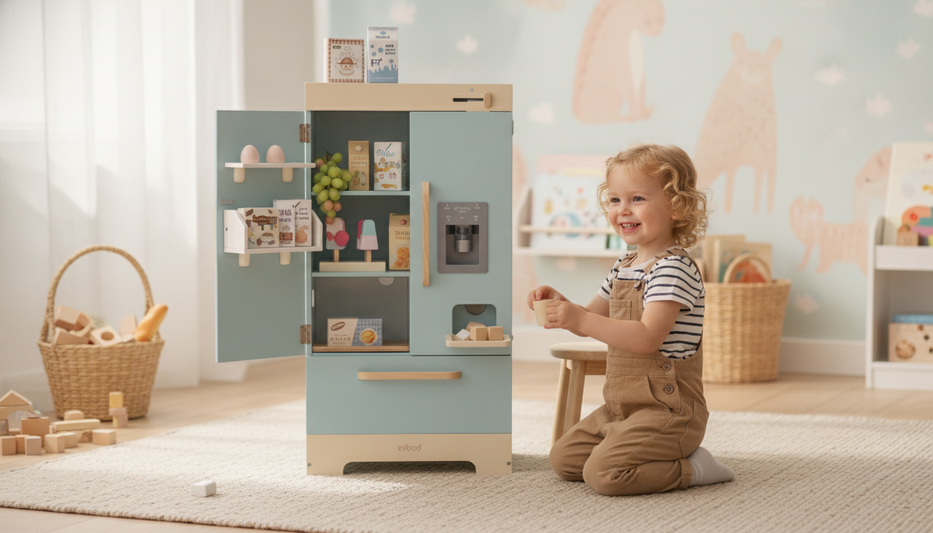 Blue Wooden Play Fridge with Ice Dispenser for Kids