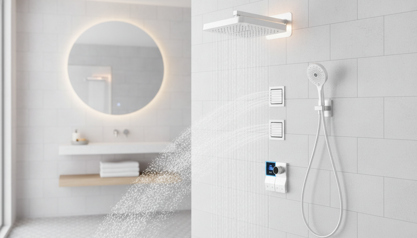 White Brass Shower System: LED Light + Digital Display