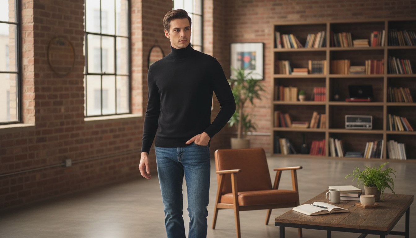 Baldinini Trend Black Turtleneck: Metal Monogram Edge