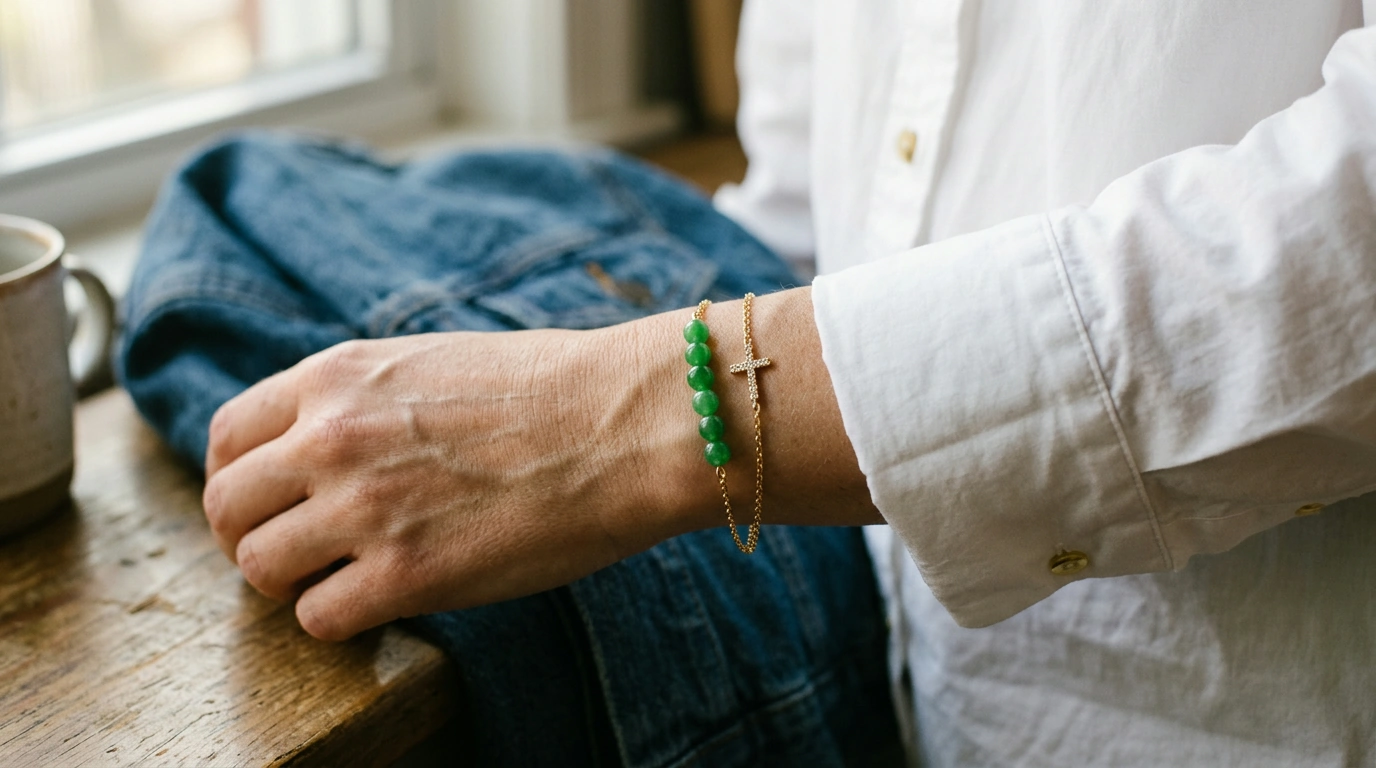 NIALAYA Gold-Plated Jade Bracelet with CZ Cross