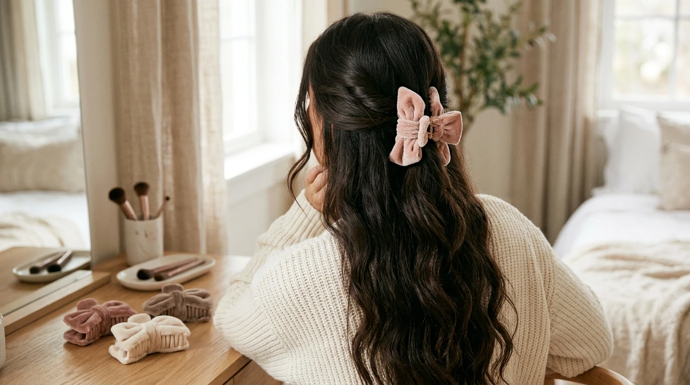Plush Bow Claw Clips: 4-Pack Grip for Thick Hair