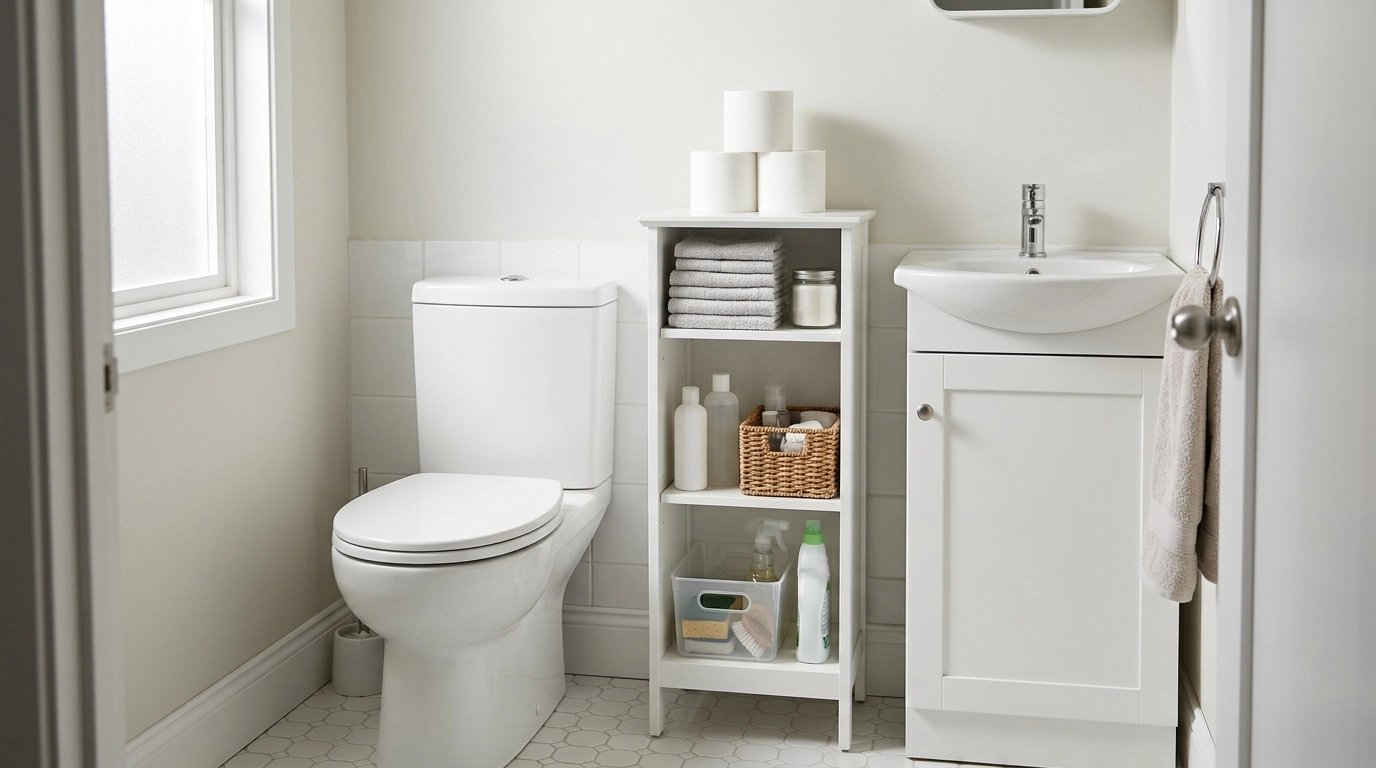 Slim 31.5-Inch White Toilet-Side Cabinet with Shelves