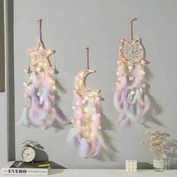 Boho Dream Catcher with Feather Chimes & Warm LED Glow