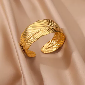 Gold Feather Open Cuff Bracelet: Daily-Wear Steel Bangle