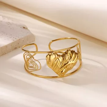Waterproof Geometric Heart Cuff Bangle in Gold Tone